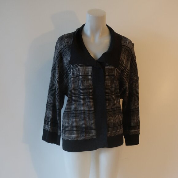 Women St. John Gray Black Snap Button Cardigan Sweater XL * - Picture 1 of 13